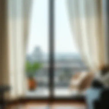 Elegant balcony with sheer curtains flowing in the wind