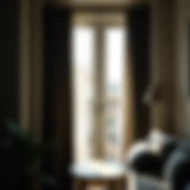 Sunlight filtering through patterned balcony curtains