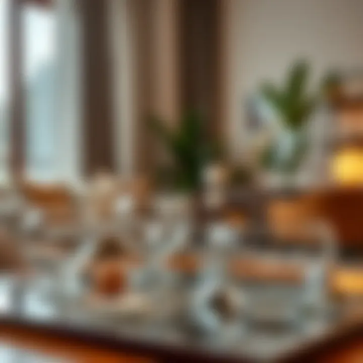 A well-decorated living space featuring glass bowls as decorative elements