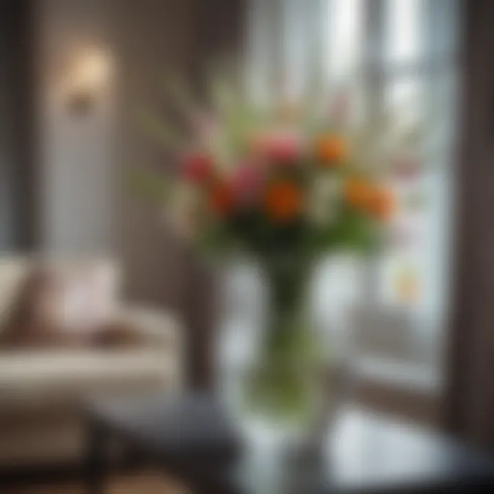 Elegant glass vase with fresh flowers in a modern living room setting