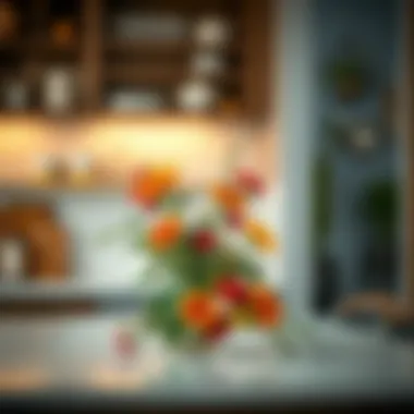 Colorful floral centerpiece on a kitchen island