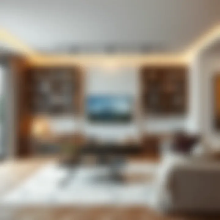 Contemporary living space featuring a large wall bookshelf