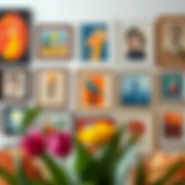 Colorful gallery wall with various art styles