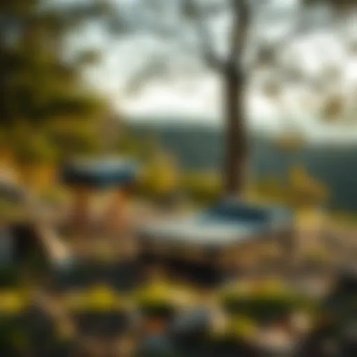 Foldable camping bed set up in a scenic outdoor setting