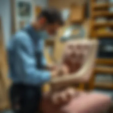 Craftsman meticulously working on a chair reupholstering