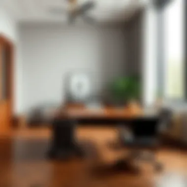 An elegant office space featuring wheeled furniture