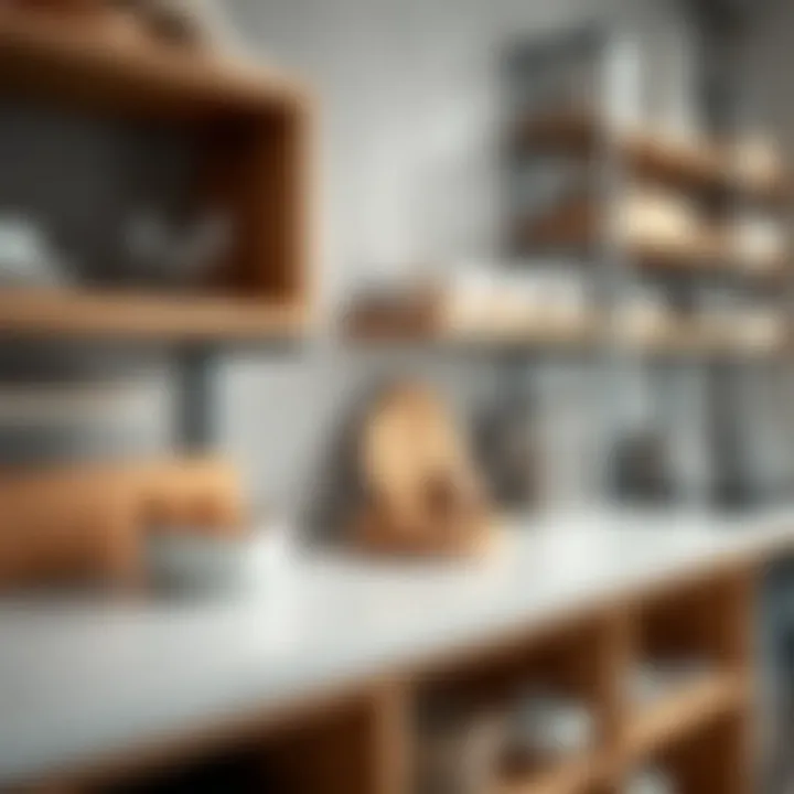 Close-up of various materials used in kitchen shelving systems emphasizing durability and design.