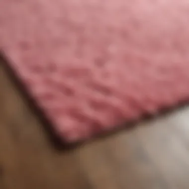 Close-up of a textured pink rug on hardwood flooring