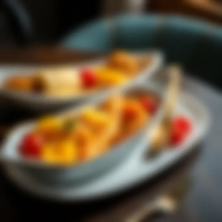 Artful Arrangement of Culinary Delights Porcelain boat plates arranged artistically with food