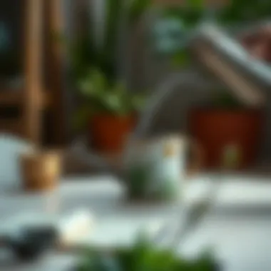 Indoor plants being watered with a decorative watering can