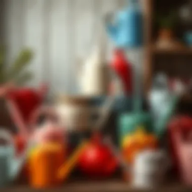 Variety of watering cans in different materials and colors