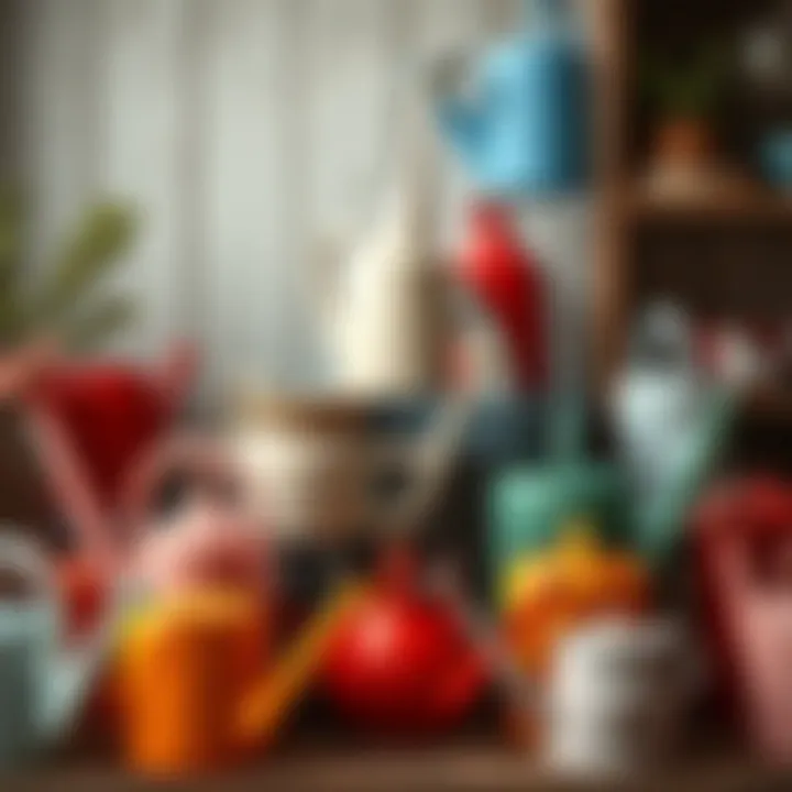 Variety of watering cans in different materials and colors