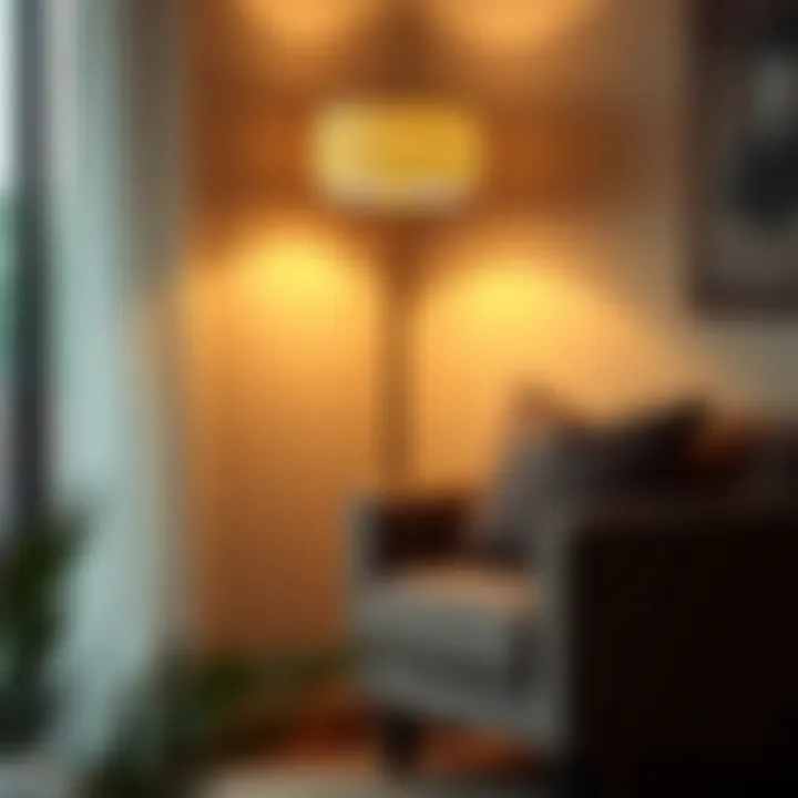 Elegant floor lamp illuminating a cozy living room corner