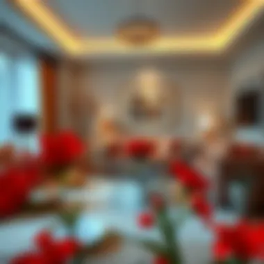 Stylish living room accentuated by red flowers