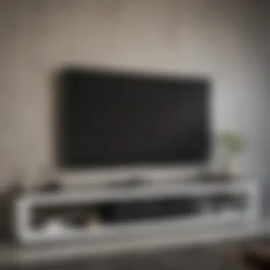 Close-up of a modern television side shelf featuring decorative items