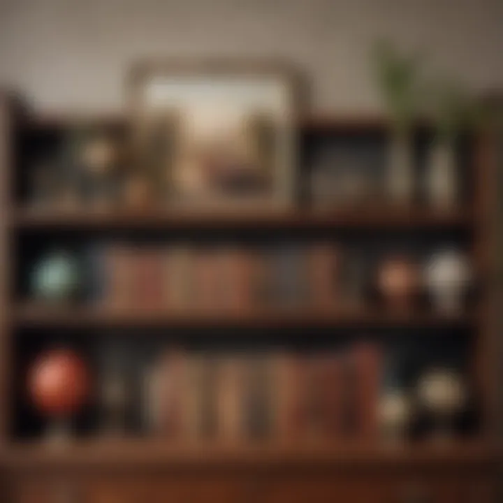 A beautifully arranged shelf displaying vintage ornaments and books.
