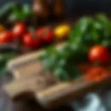 Wooden cutting board with fresh herbs and spices